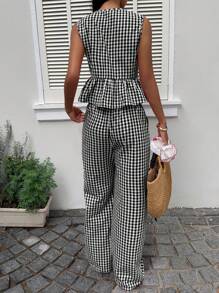 SHEIN EZwear Women 2pcs Sleeveless Tank Top & Pants Set With Tie Front, Black & White Plaid, Summer