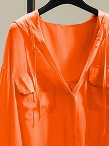 INAWLY Camisa casual con capucha de unicolor, bolsillo con solapa y botones delanteros para mujeres - Naranja - Ver 3