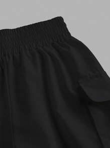 SHEIN PETITE Women's Casual Solid Color Drawstring Cargo Pants - Black - View 3