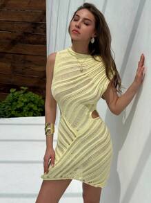Aloruh Robe pull femme minimaliste à couleur unie, col asymétrique et ourlet creux, pour l'été - Jaune citron - Voir 4