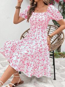 Breezaya 女士度假植物印花泡泡袖中长连衣裙 - 玫紅色 - 查看 6