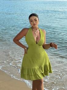 SHEIN SunnyBelle Váy ngắn đi biển cổ chữ V khoét sâu hở lưng cỡ lớn - màu xanh lá - Xem 6