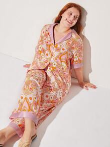 LUVLETTE Plus Soft Rayon With Satin Pink Romantic Paisley Vacation Patterned Short-Sleeve Basic Button-Up Top & Pants Loungewear Airy Pajama Set Pants With Pockets Bridal Intimates - Pink - View 4