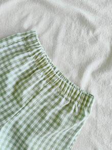 Vintaside Kids 男宝宝格子印花纽扣短袖衬衫和短裤休闲两件套 - 綠色 - 查看 5