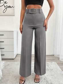 EURMUSE Women's Solid Color Belted Elegant Press Crease Office Pants Grey Autumn - Grey - View 4