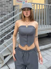 SHEIN Conjunto de dos piezas de ropa de calle para adolescentes primavera/verano, top corto gris + pantalón recto, con bolsillos laterales y tirantes invisibles - Gris - Ver 2