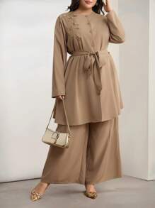 Veilorie Plus Size Women Embroidered Dress With Wide Leg Pleated Pants 2 Pieces Set - Apricot - View 1