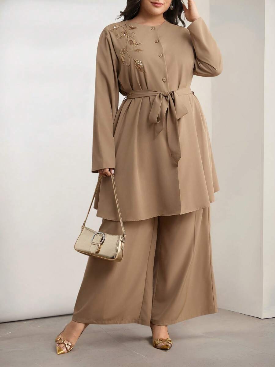 Veilorie Plus Size Women Embroidered Dress With Wide Leg Pleated Pants 2 Pieces Set - Apricot - View 1