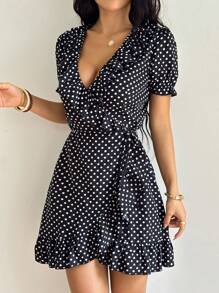 SHEIN PETITE 女式波尔卡圆点印花深 V 领裹式系带短袖连衣裙 - 黑色 - 查看 4