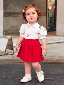 Babygirl Cherry Print Short Sleeve Blouse And Pleated Elastic Waist Skirt Set, Summer - White - View 1