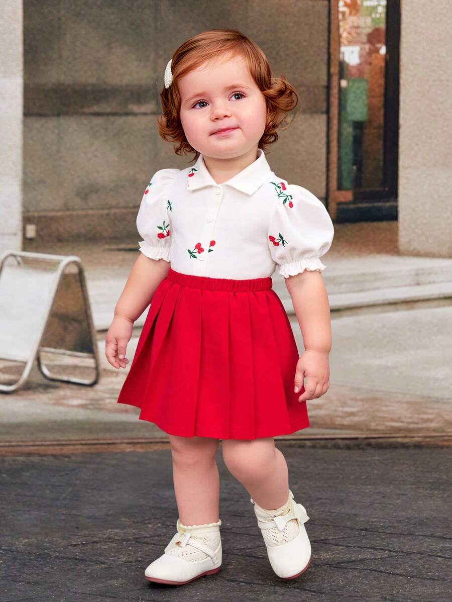 Babygirl Cherry Print Short Sleeve Blouse And Pleated Elastic Waist Skirt Set, Summer - White - View 1