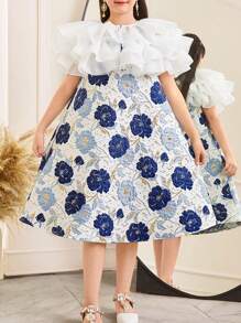 SHEIN Leap Crew Vestido elegante para meninas, gola redonda, bainha com babados e corte A - Azul - Ver 3