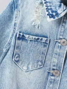 Retro Streetwear Collegiate Style Girls Distressed Long Denim Jacket - Bronze - View 5