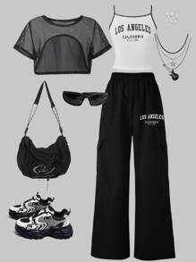 3 件套青少年女孩时尚街头服饰网眼短款 T 恤、字母印花吊带背心和印花舒适阔腿工装裤，适合休闲外出 - 黑與白 - 查看 3
