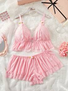 PetitDoll 2件套大码性感蕾丝和网眼拼接无线前扣内衣文胸和内裤套装