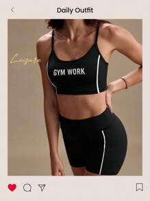 SHEIN Sports Conjunto de activewear con camiseta de tirantes y shorts con estampado de letra para mujer