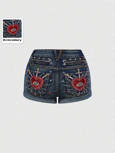Fairycore Pantaloncini di jeans a vita bassa con ricami di cuori, occhi e stelle in stile gotico e retrò