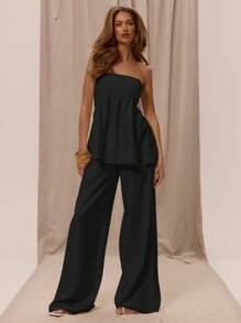 MUSERA Low Rise Elasticated Waistband Wide Leg Trousers Only  Summer Vacation Holiday Elegant Beachwear Boho Romantic Ibiza Linen Feel Fall, Autumn, Winter, Back To School Christmas Evening