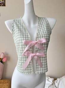 Comfortcana Summer Green Check Tie Front Bow Sleeveless Shirt - Green - View 4