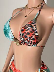 Slaydiva 2025 Spring/Summer New Romantic Beach Party Personalized Dopamine Colorful Leopard Floral Print Sheer Mesh Bralette & Fish Tail Skirt Bikini Swimwear Set, Western Wear Women - Multicolor - View 5