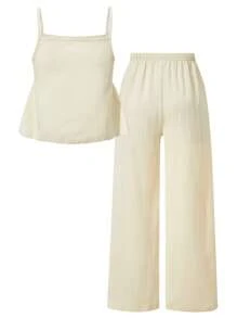 SHEIN Wildeya Tween Girl Casual Beach Sweet Cute Textured Cami Top & Wide-Leg Pants 2 Pieces Island Outfit, Vacation Clothes, Suitable For Daily Commute, Holiday, Sisters Street Shooting, Spring/Summer