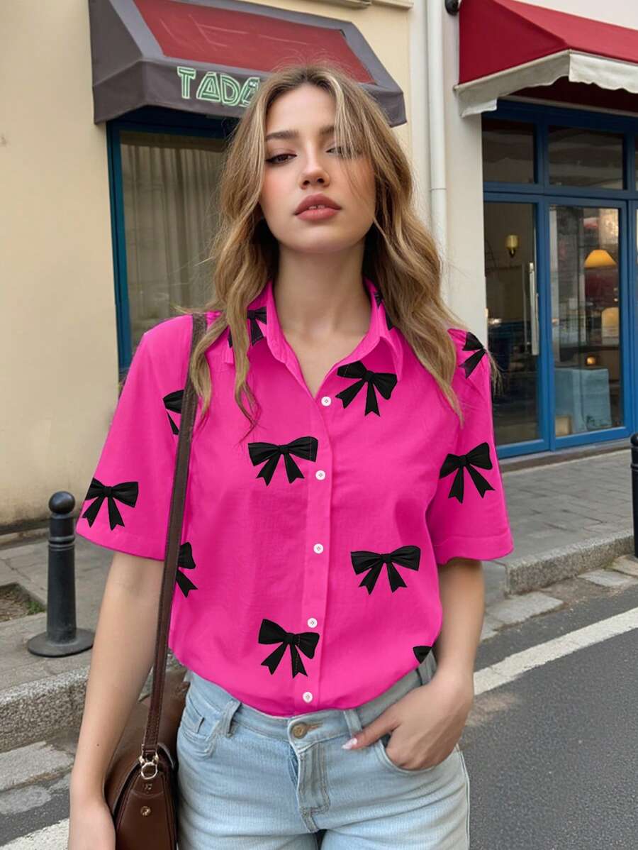 INAWLY 女式蝴蝶结印花单排扣休闲短袖衬衫