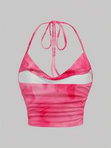 SHEIN EZwear Casual Minimalist Pink Floral Tie Neck Backless Slim Fit Versatile Top, Suitable For Summer