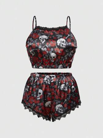 Goth Conjunto de pijama de talla grande con camiseta interior y shorts con contraste de encaje y esqueleto de rosa gótica