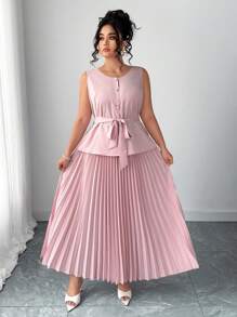 Elenzga Conjunto plus size de 2 peças: camisa minimalista de cor sólida, sem mangas, com botões + saia plissada em A, traje feminino casual de verão para negócios com laço elegante, vestidos formais para convidadas de casamento - Rosa - Ver 4