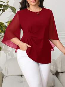 Reflora Women Plus Size Solid Color Round Neck Flared Sleeve Elegant Blouse,Business Casual Woman