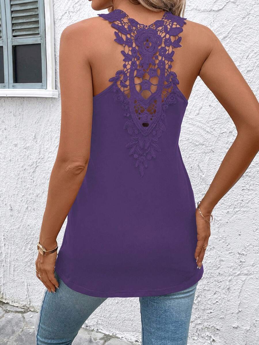 SHEIN Clasi Top de tirantes de verano para mujer de unicolor con detalle de encaje en la espalda, ideal para festivales de música