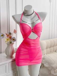 SHEIN 两件套成熟网眼镂空性感睡裙娃娃装内衣外衣 - 玫紅色 - 查看 6