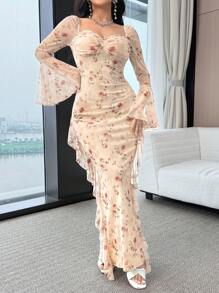 Feyla 女式花卉印花甜心领喇叭袖优雅连衣裙 - 彩色 - 查看 5