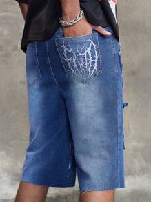 ROMWE MEN Street Life Men's Casual Washed Patch Embroidery Denim Shorts - Blue - View 8
