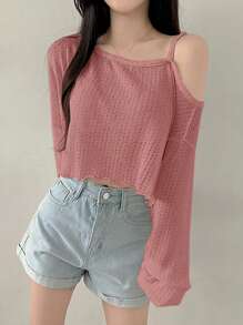 DAZY 女士休闲纯色不对称肩部剪裁宽松 T 恤短款女式上衣长袖上衣 - 紅木色 - 查看 6