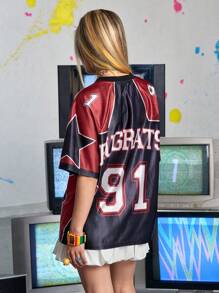 Nick 90's X ROMWE T-shirt oversize estiva con stampa retrò di lettere e cartoni americani
