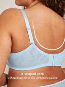 LUVLETTE Plus Women 2pcs Blue Sexy Lingerie Set Full Coverage Unlined Lace Elegance & Mesh Minimizer Bra Lace Bra Panty Matching Sets