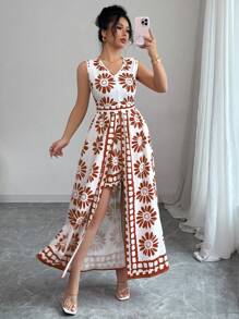 Elenzga Bộ đồ liền thân không tay in họa tiết cổ điển thanh lịch phong cách bãi biển dành cho nữ, Xuân/Hè - Nhiều màu - Xem 6