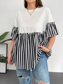 SHEIN Essnce 大码女式夏季上衣、女式娃娃上衣、条纹拼布上衣、户外上衣、修身上衣 - 白色 - 查看 3