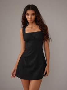 TRNVIE 花卉蕾丝边修身纹理迷你 A 字连衣裙，春夏 - 黑色 - 查看 3