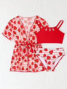 Set de 3 piezas de traje de baño con estampado de fresas, incluye traje de baño y cubre para niña, para playa y resort - Multicolor - Ver 5