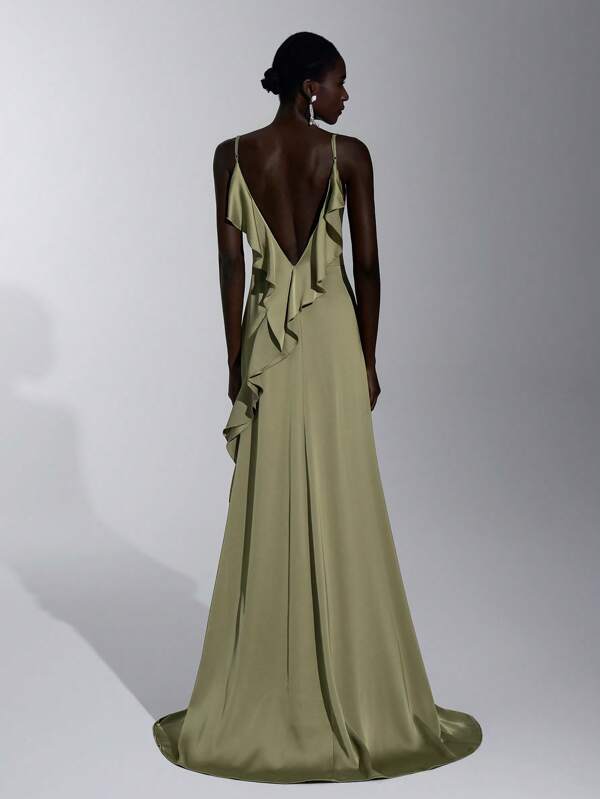 Elitara Vestido de Madrinha Elegante e Luxuoso com Bainha com Babados Verde