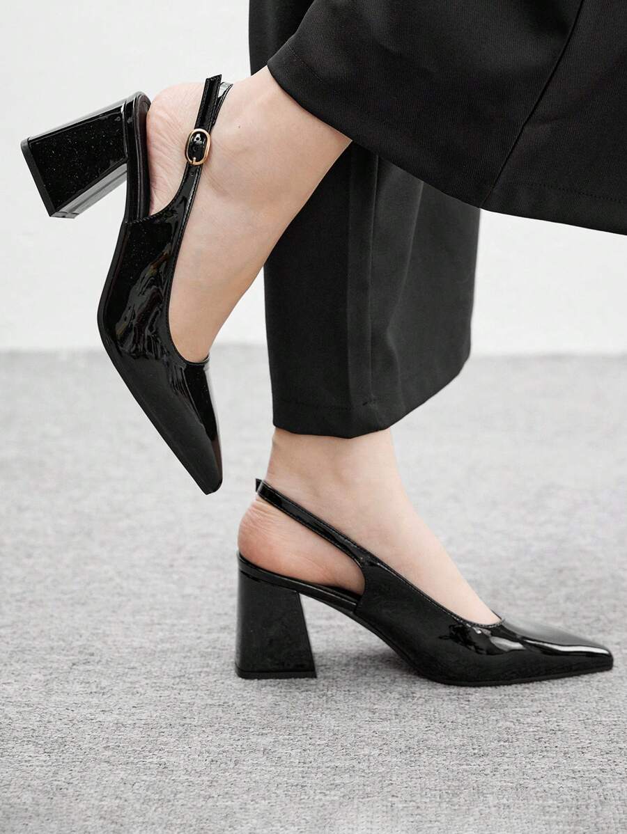 CUCCOO BIZCHIC 时尚黑色漆皮露跟尖头粗跟高跟鞋，经典简约风格，适合通勤、约会、派对、度假、婚礼 - 黑色 - 查看 1