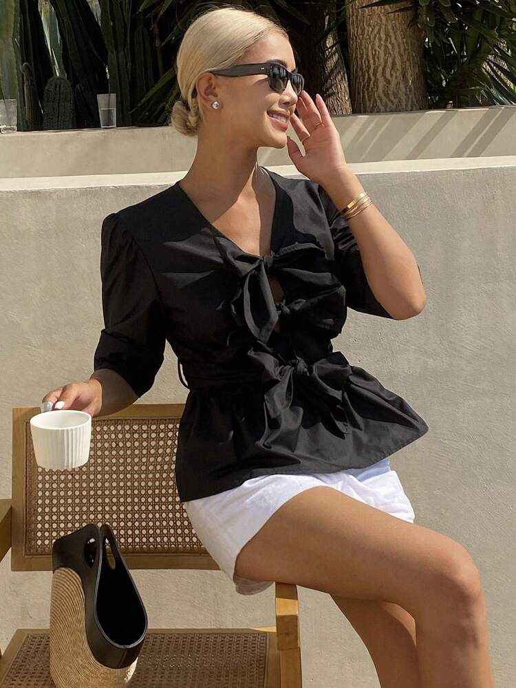 Women's French Simple Style Commuting Slim Fit V-Neck Puff Sleeve Tie Front Crop Top,Babydoll Top Vacation