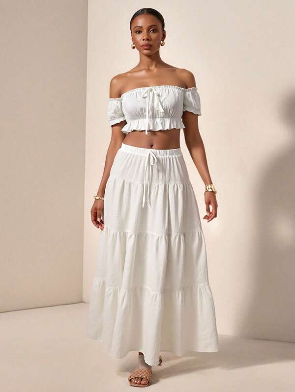 Zivah 2025-New Spring And Summer Casual Street Music Festival Easter Women White Off Shoulder Ruched Ruffle Halter Top & Tie-Up Ruffle Hem Maxi Skirt Vacation Suit, Chic & Cute For Beach/Date Summer Clothes Women Two Pieces Outfits