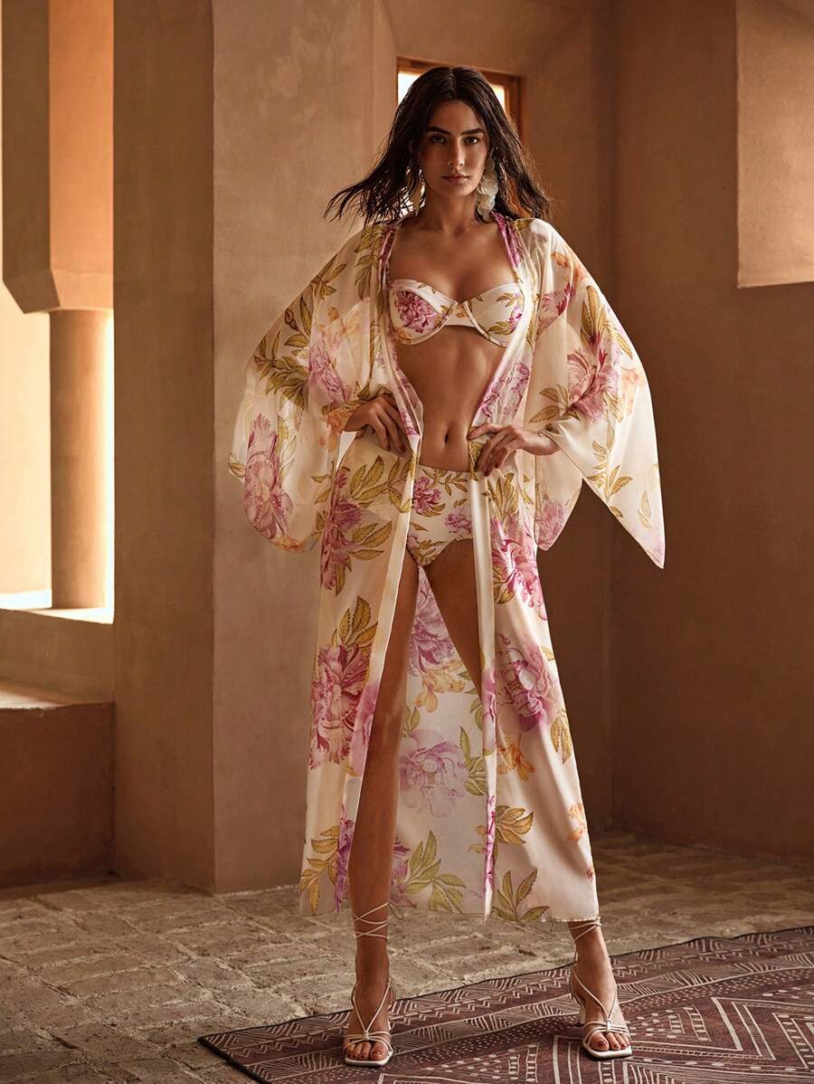 MOTF PREMIUM FLORAL PRINT LONG KIMONO FOR SUMMER BEACH VACATION - Multicolor - View 2