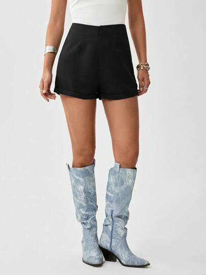 SHEIN Clasi شورت بخصر عالي قابل للضبط على الساق الممتدة، لون أسود