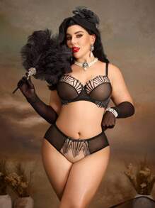 SHEIN Set de 2 piezas de lencería sexy con sujetador con aros y calzones de encaje y malla para tallas grandes - Negro - Ver 2
