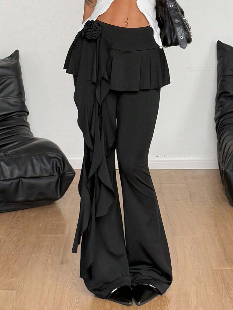 Coolane Women's Summer Festival Hippie Streetwear Western Wear Boho Y2K Gyaru Vintage Three-Dimensional Flower Ribbon Pleated Skirt Flare Pants - Black - View 1