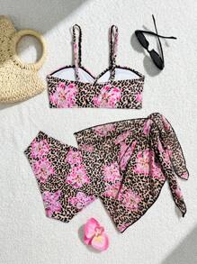 Teen Girl Leopard Floral Print Twist Bikini Swimsuit Set With Beach Skirt - Multicolor - View 2